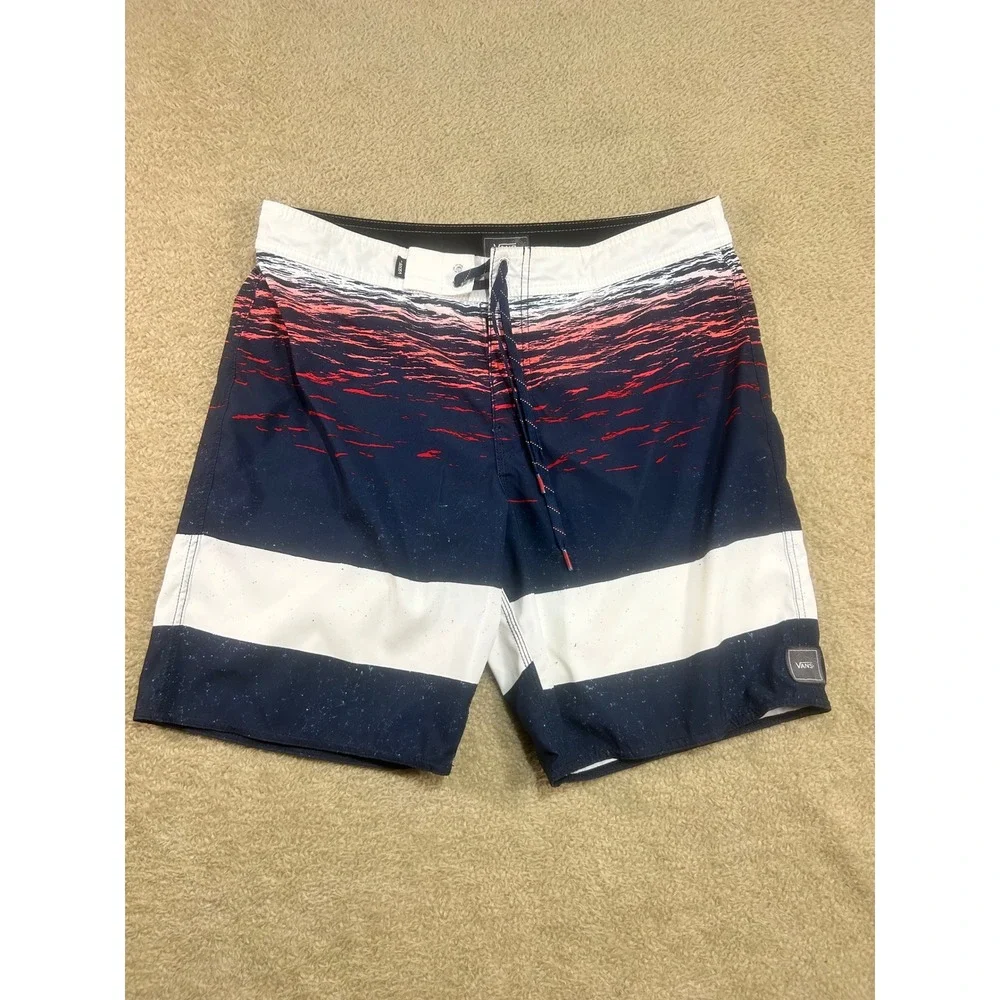 Vans Mens Board Shorts Sz 34 Navy‎ Red White Stripe Print Swim Surf
